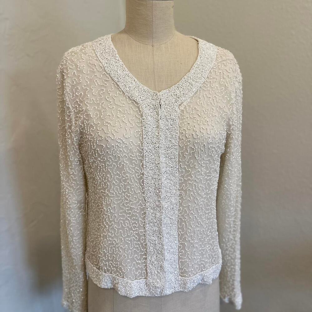 stenay women’s medium white beaded cardigan top silk formal evening vintage